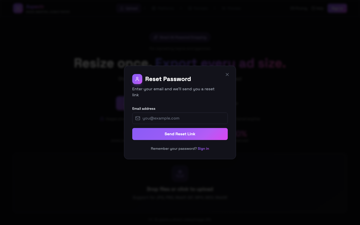 Reset Password dialog with an email field and a Send Reset Link button