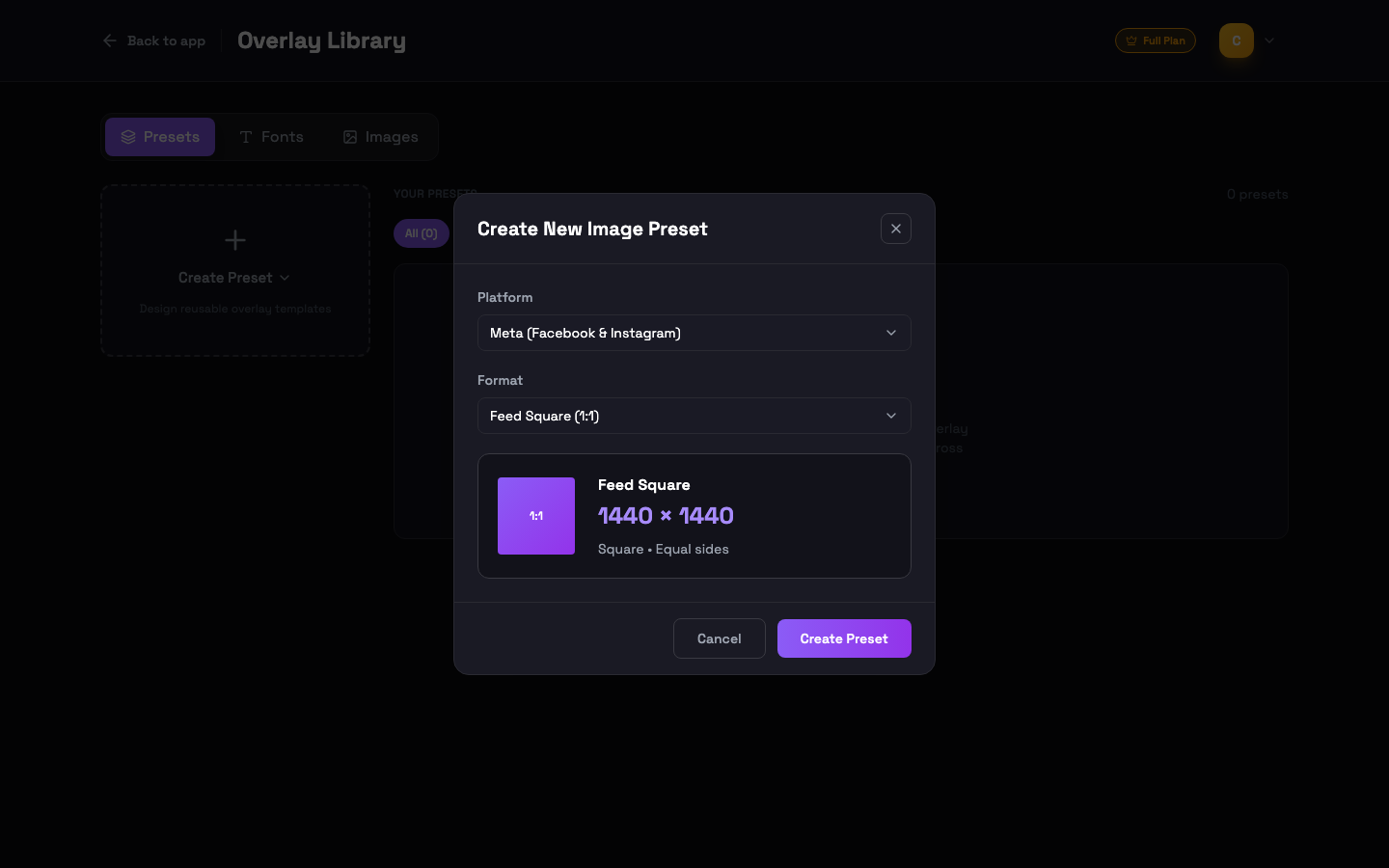 Create New Image Preset modal with platform and format dropdowns and a live aspect preview