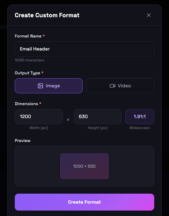 Create Custom Format modal with name, output type toggle, dimensions and live preview