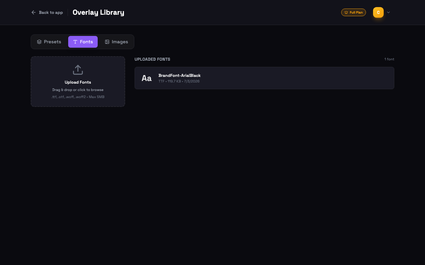 Fonts manager with the upload zone and an uploaded custom font row