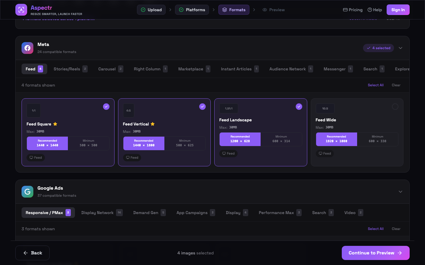 Format cards showing aspect ratio, max file size, and recommended/minimum size toggle
