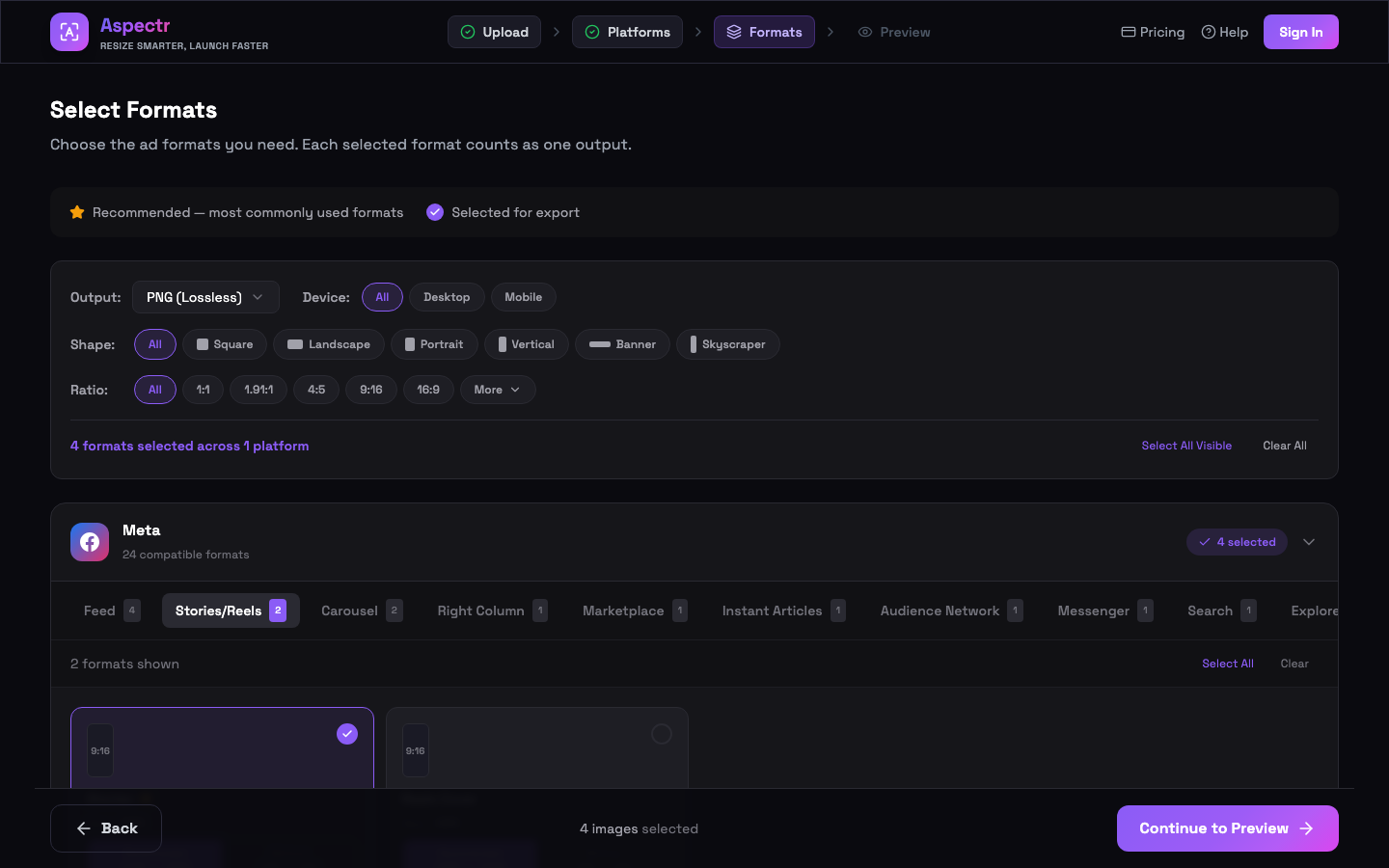 Format selection step with filters and the Meta Stories/Reels category open