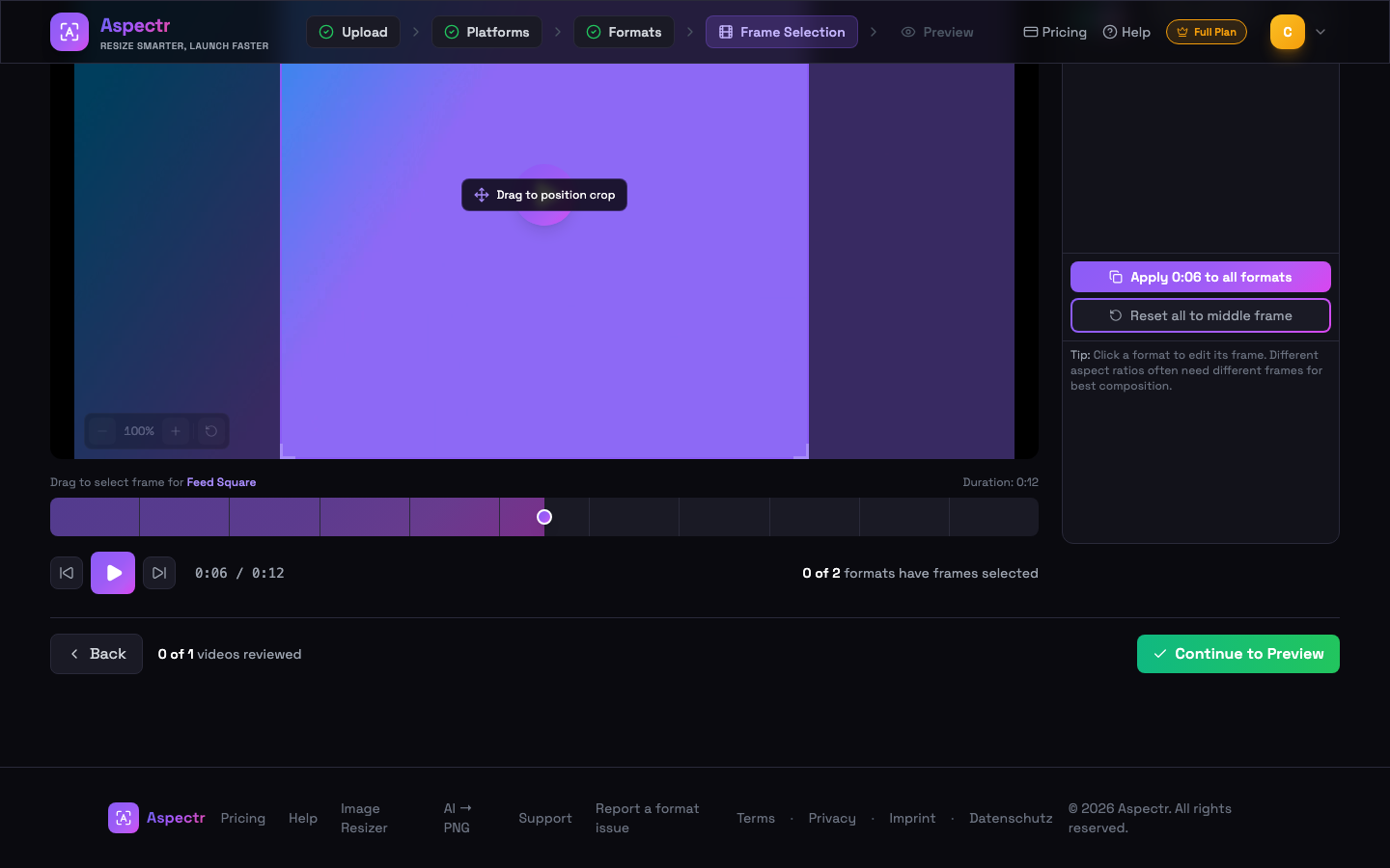 Filmstrip timeline with playhead, play controls and frame counter