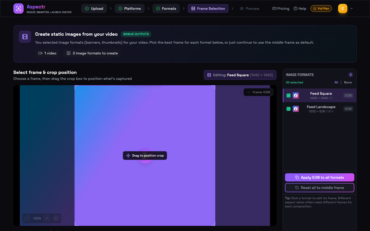 Frame selection step with crop box, format list with per-format timestamps, and apply-to-all button