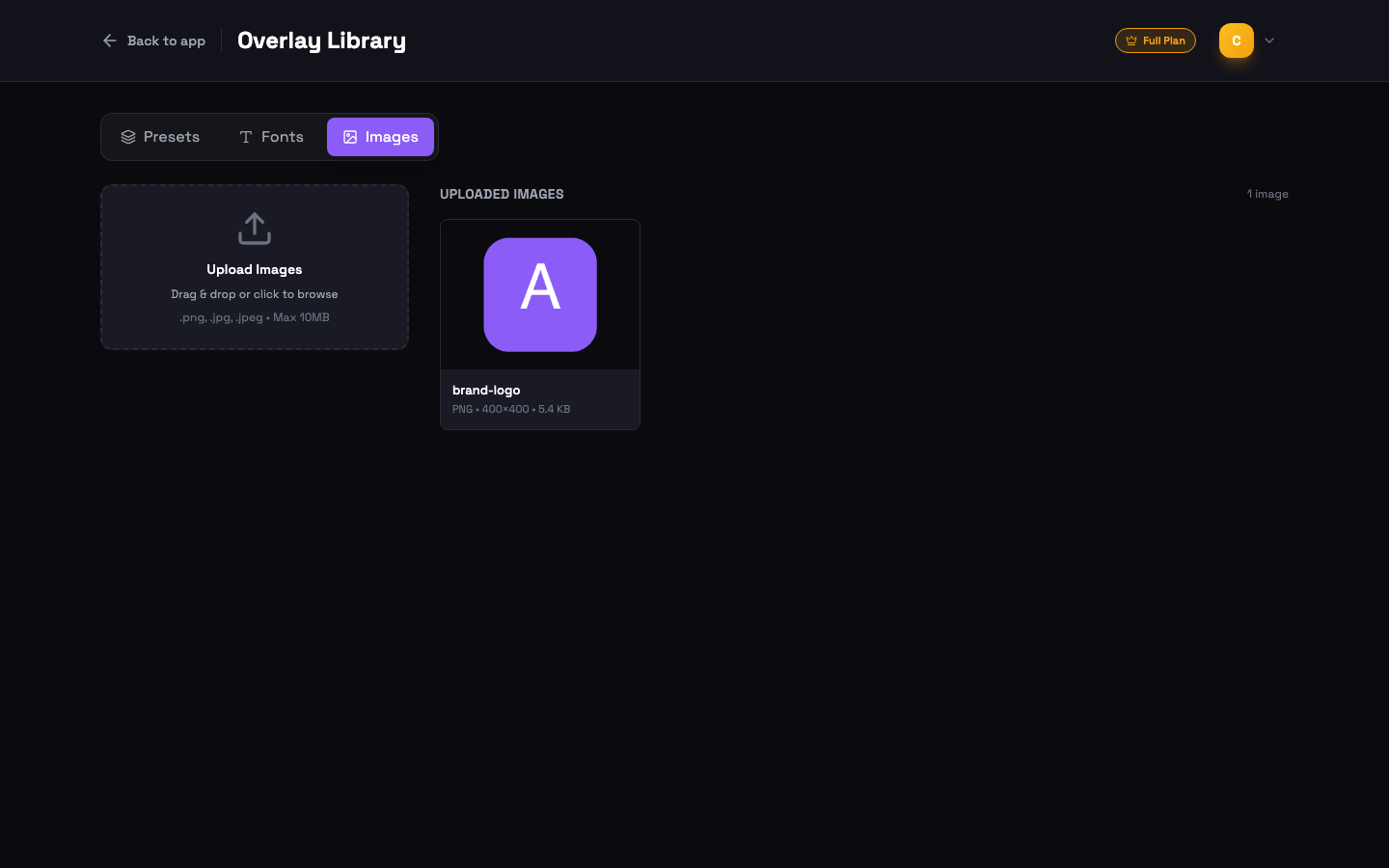 Images tab with the upload zone and an uploaded brand logo