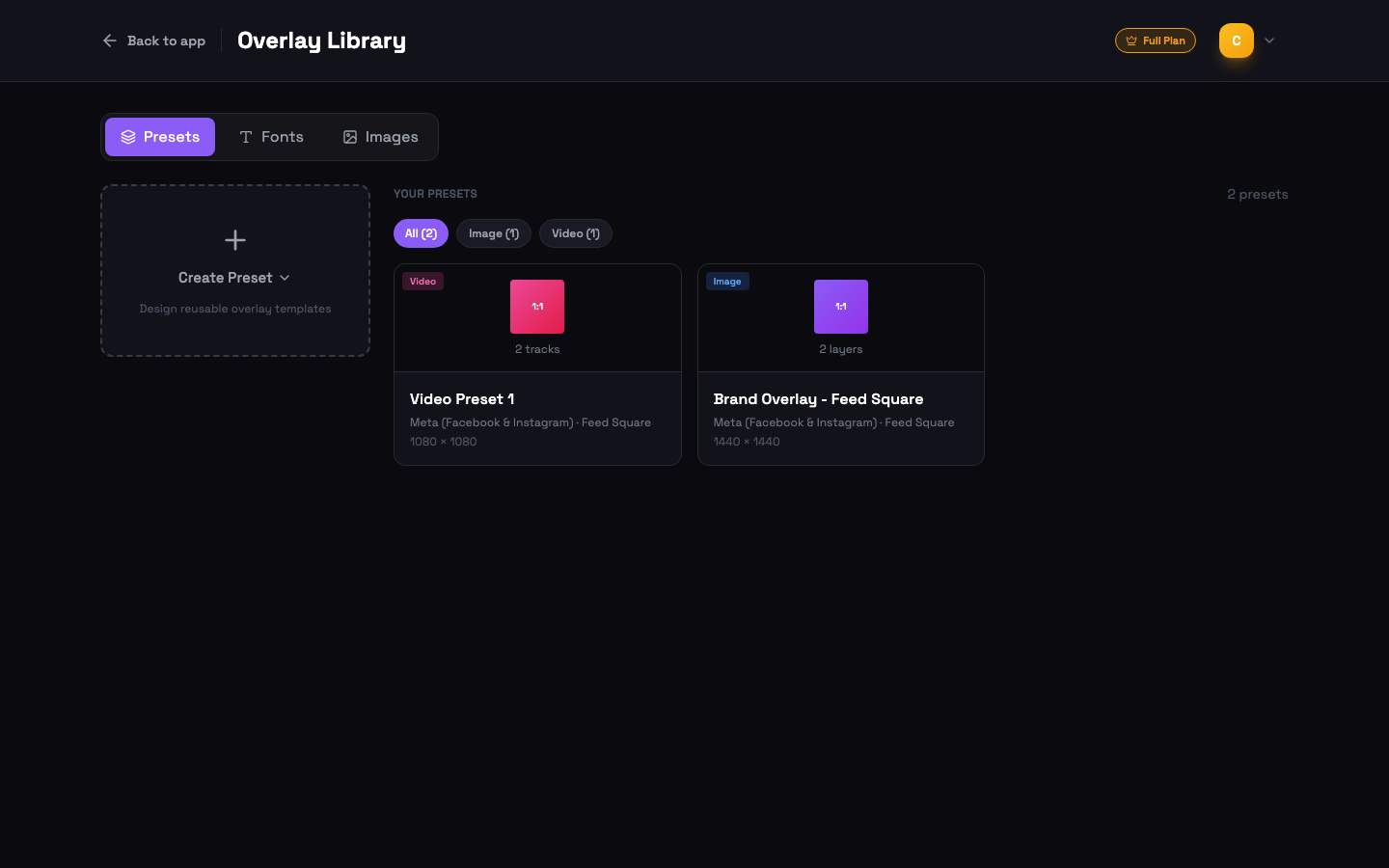 Overlay Library presets tab with an image preset and a video preset card