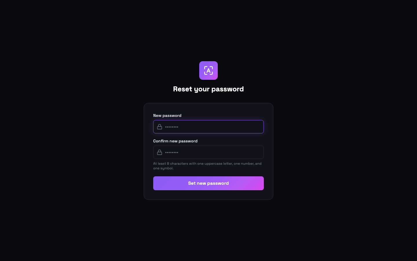 Set-new-password page with new password and confirmation fields and the password policy hint
