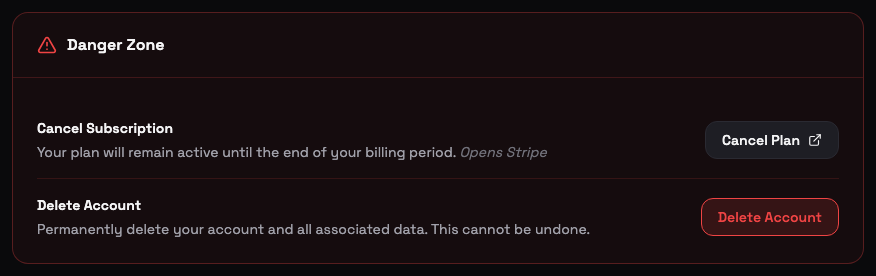 Danger Zone card with Cancel Plan and Delete Account actions