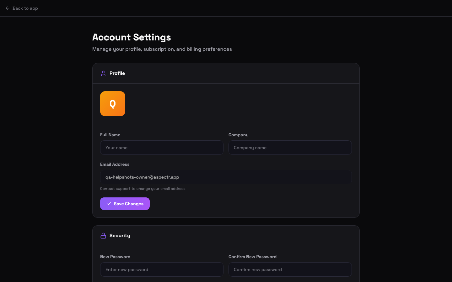 Account Settings page showing the Profile card with name, company, and email fields, and the Security card below