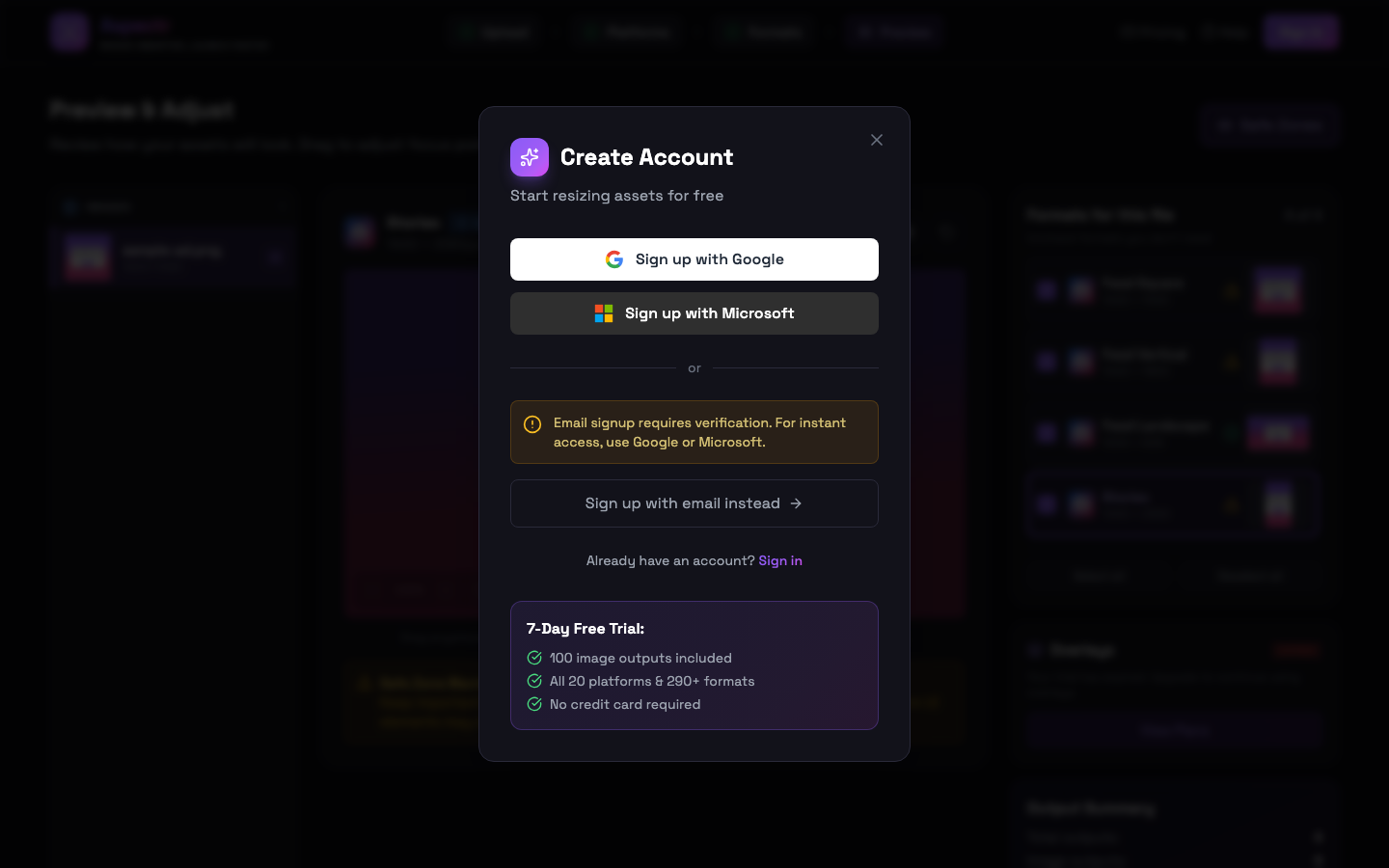 Aspectr Create Account modal with Google, Microsoft, and email signup options
