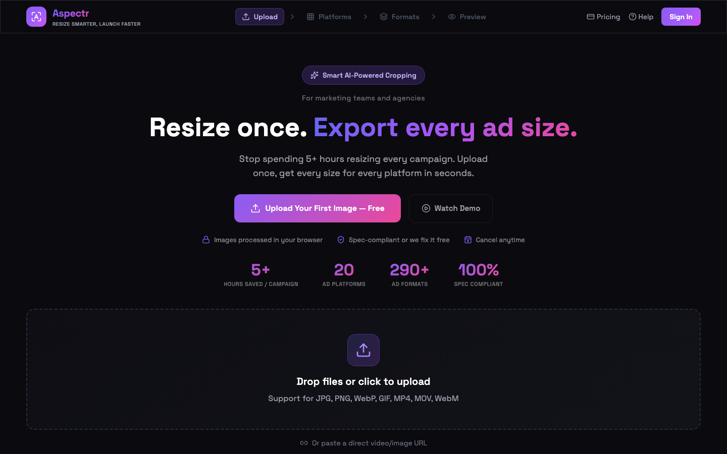 Aspectr start screen with the drag-and-drop upload zone