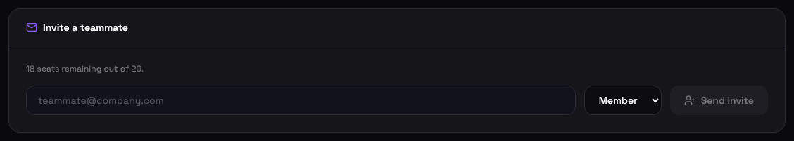 Invite a teammate form with an email field, role selector, and Send Invite button, showing remaining seats