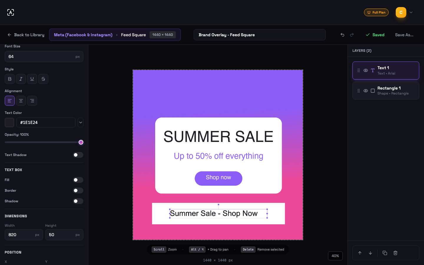 Text properties panel with style toggles, alignment, color, opacity, shadow and text box options