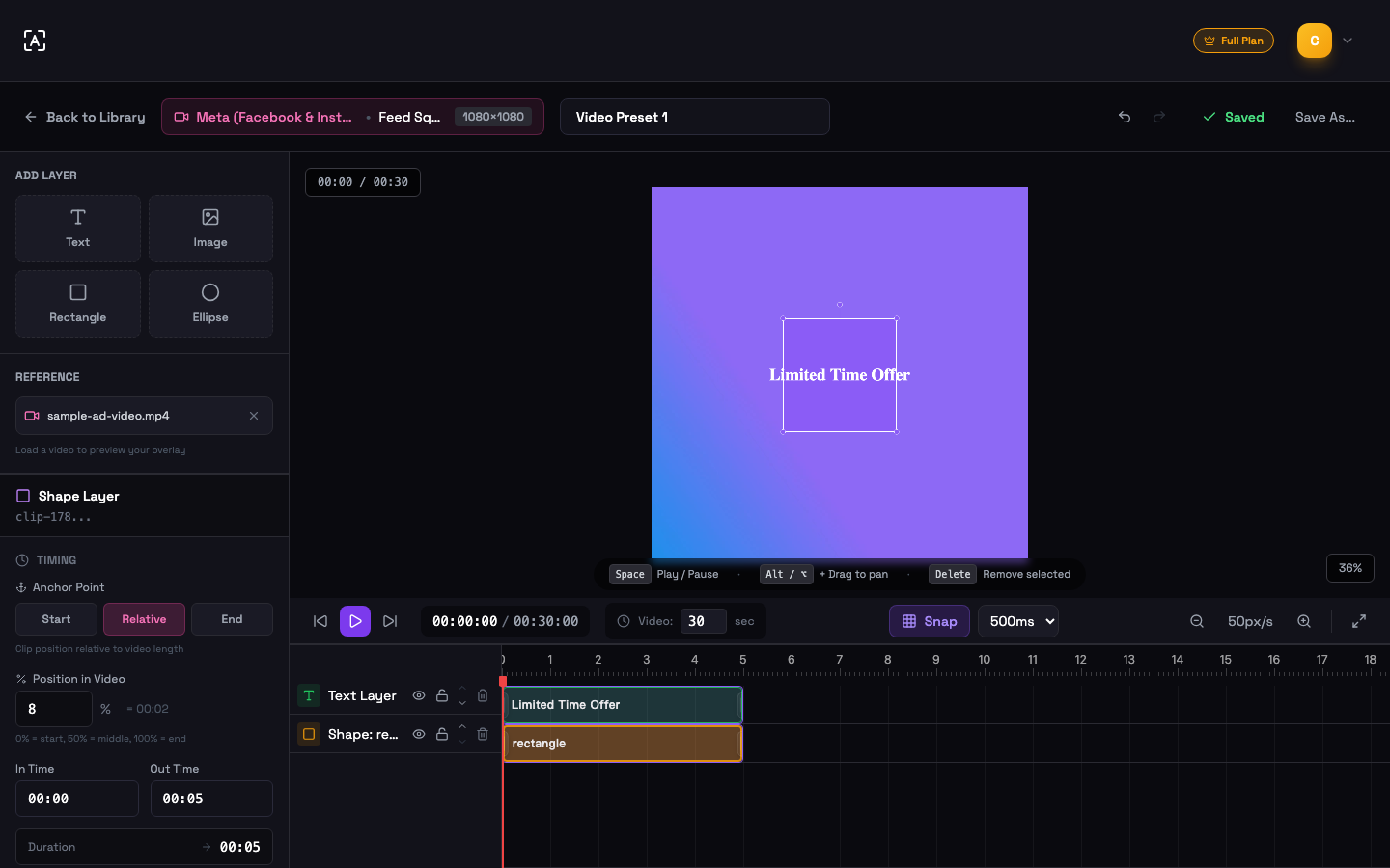 Video overlay editor with canvas, timing panel, and a two-track timeline