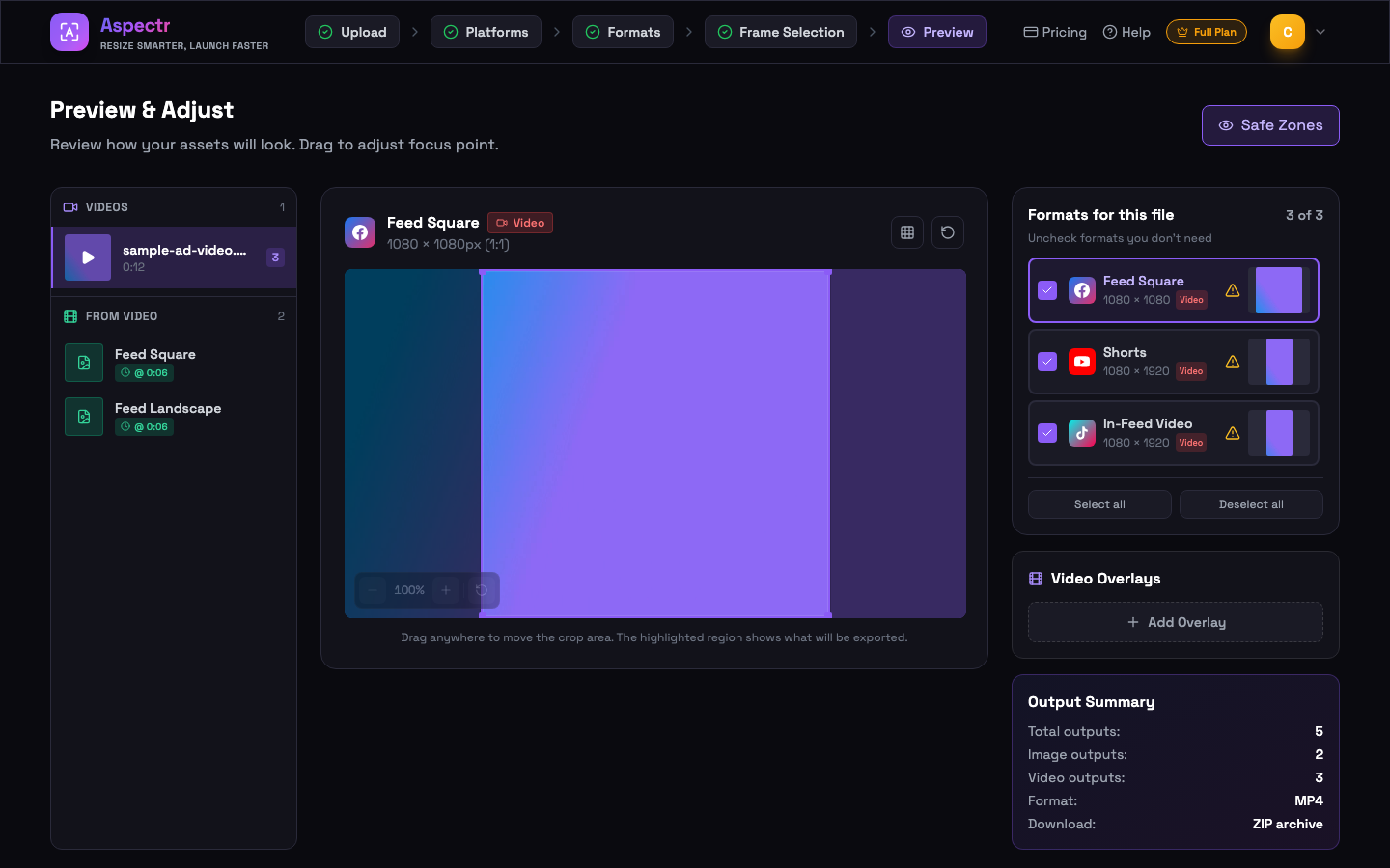 Video preview step showing crops for Meta, YouTube Shorts and TikTok formats plus extracted frames